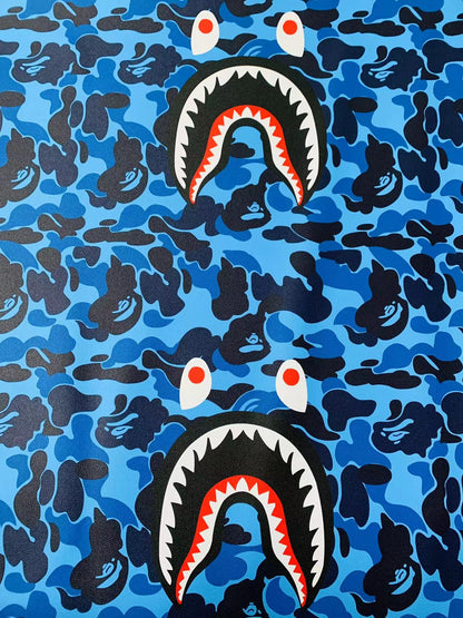 Fashion Bape Shark Teeth Design Custom Leather Fabric For Bags Leather Shoes Custom Leather By Yard (Blue)