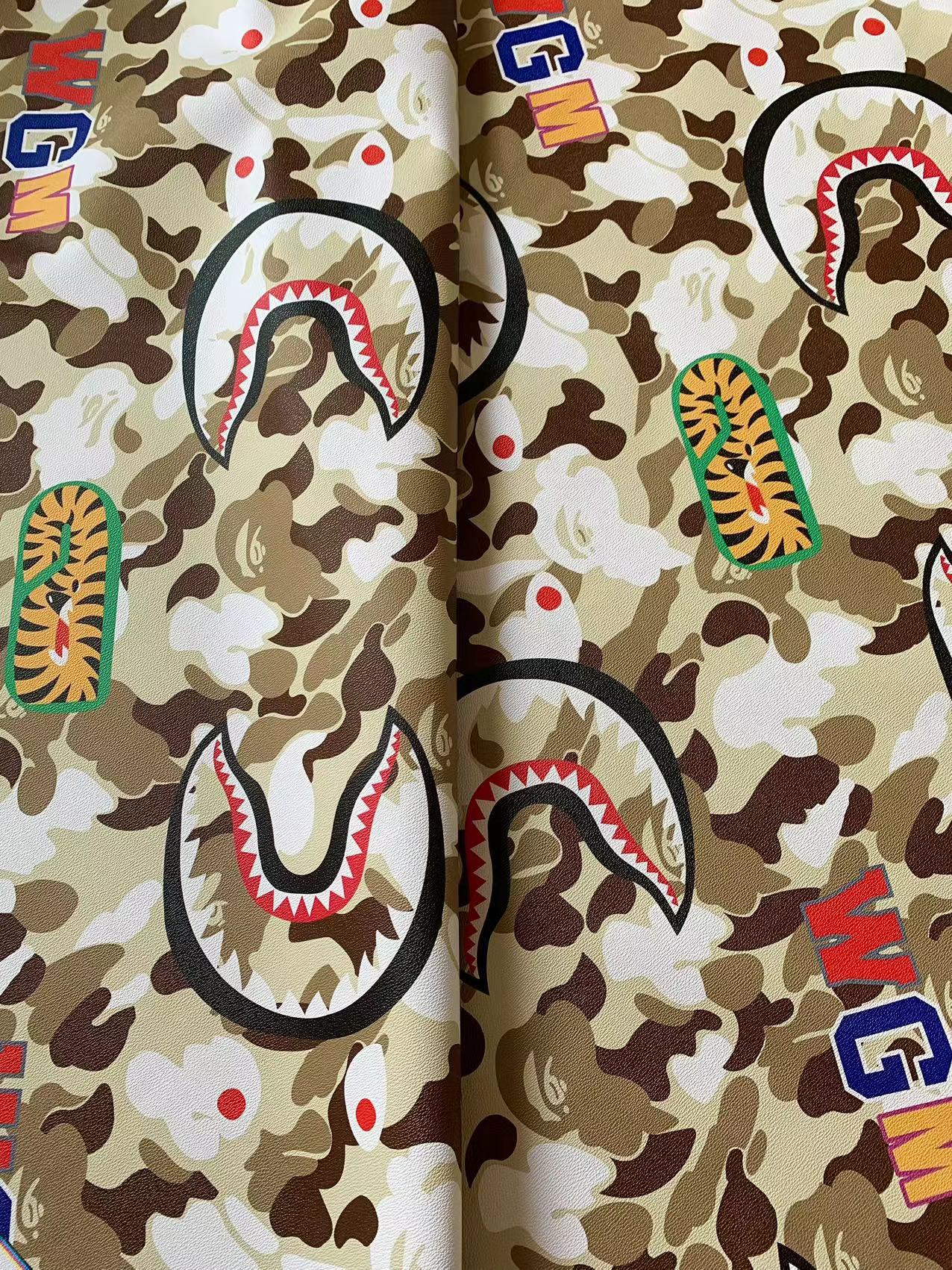 Tianchao New Camouflage Color Bape Shark Teeth WGM Design Custom Leather Fabric For Bags Leather Shoes Custom Leather By Yard