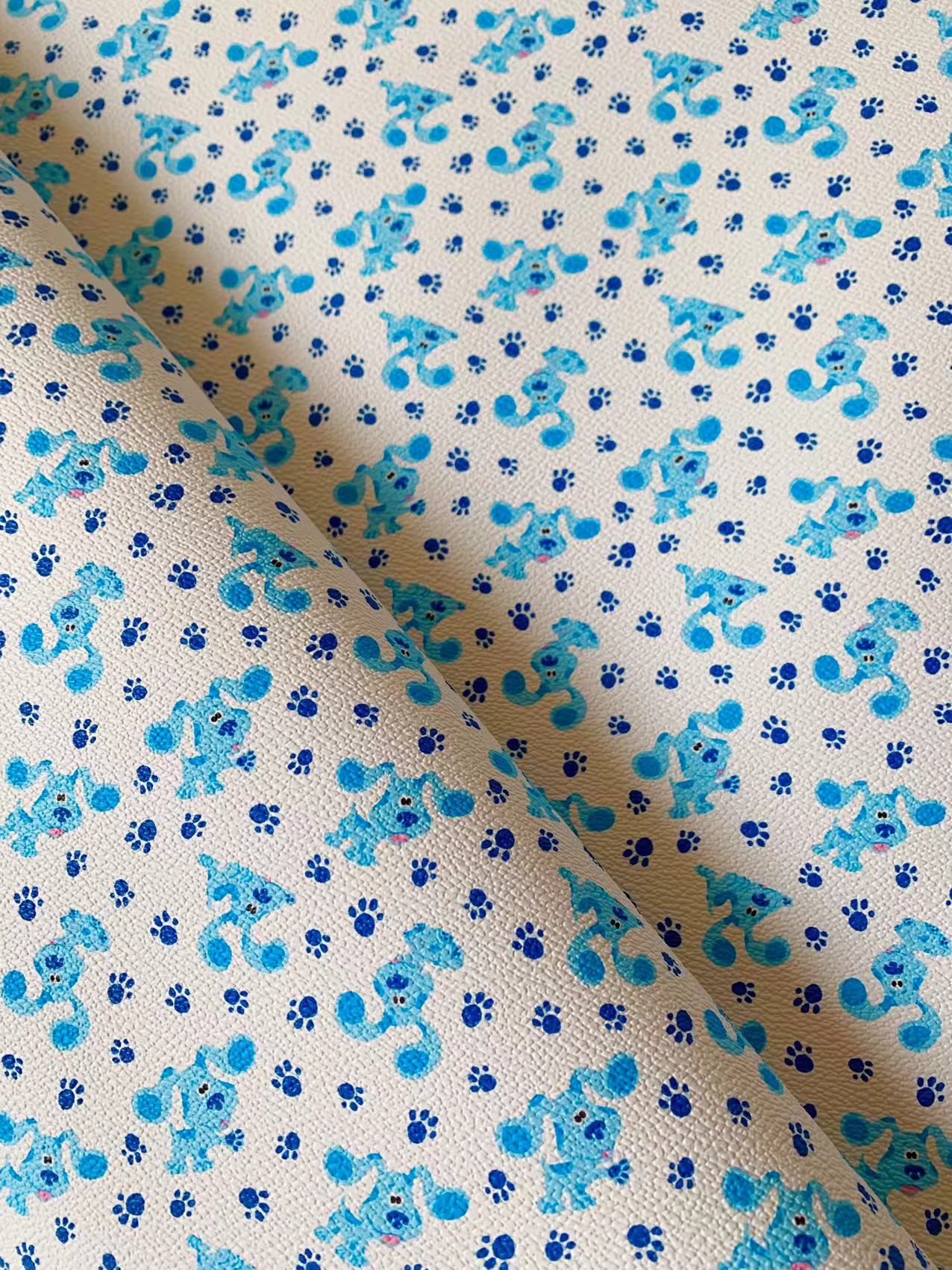 Fashion Craft Blue Dog Cartoon Leather Fabric For Handmade Handicraft Goods By Yard