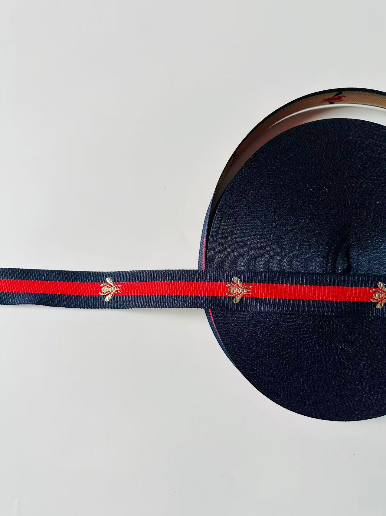 Classic Bee Strap ,Handmade Striped Ribbon Trim with Bee Embroidered For shoes ,Bags ,Handicrafts By Yard (Navy Blue with Red )
