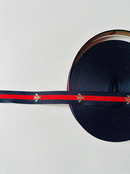 Classic Bee Strap ,Handmade Striped Ribbon Trim with Bee Embroidered For shoes ,Bags ,Handicrafts By Yard (Navy Blue with Red )