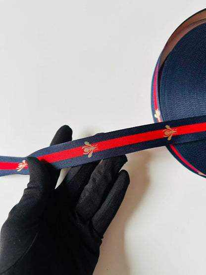 Classic Bee Strap ,Handmade Striped Ribbon Trim with Bee Embroidered For shoes ,Bags ,Handicrafts By Yard (Navy Blue with Red )