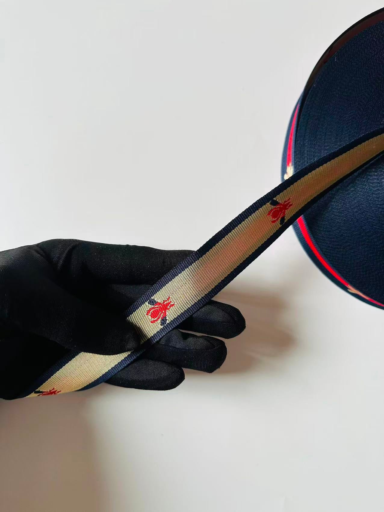 Classic Bee Strap ,Handmade Striped Ribbon Trim with Bee Embroidered For shoes ,Bags ,Handicrafts By Yard (Navy Blue with Red )