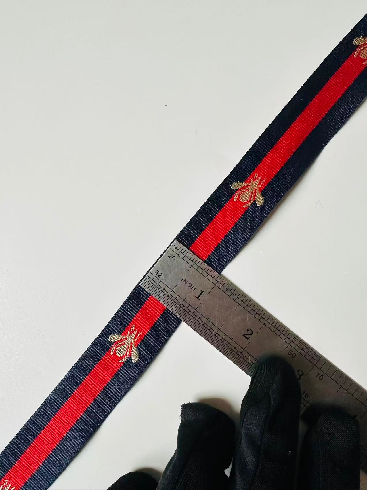 Classic Bee Strap ,Handmade Striped Ribbon Trim with Bee Embroidered For shoes ,Bags ,Handicrafts By Yard (Navy Blue with Red )