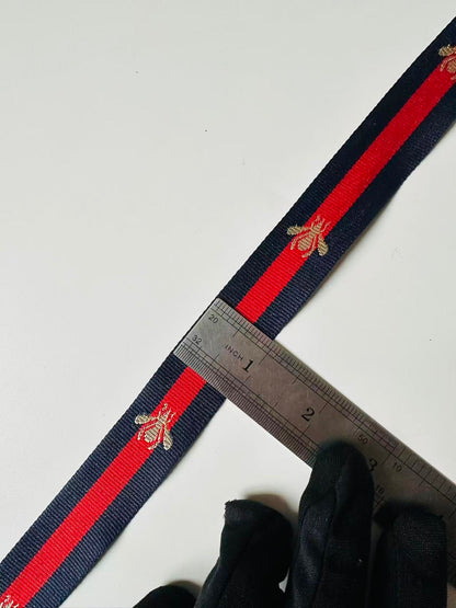 Classic Bee Strap ,Handmade Striped Ribbon Trim with Bee Embroidered For shoes ,Bags ,Handicrafts By Yard (Navy Blue with Red )