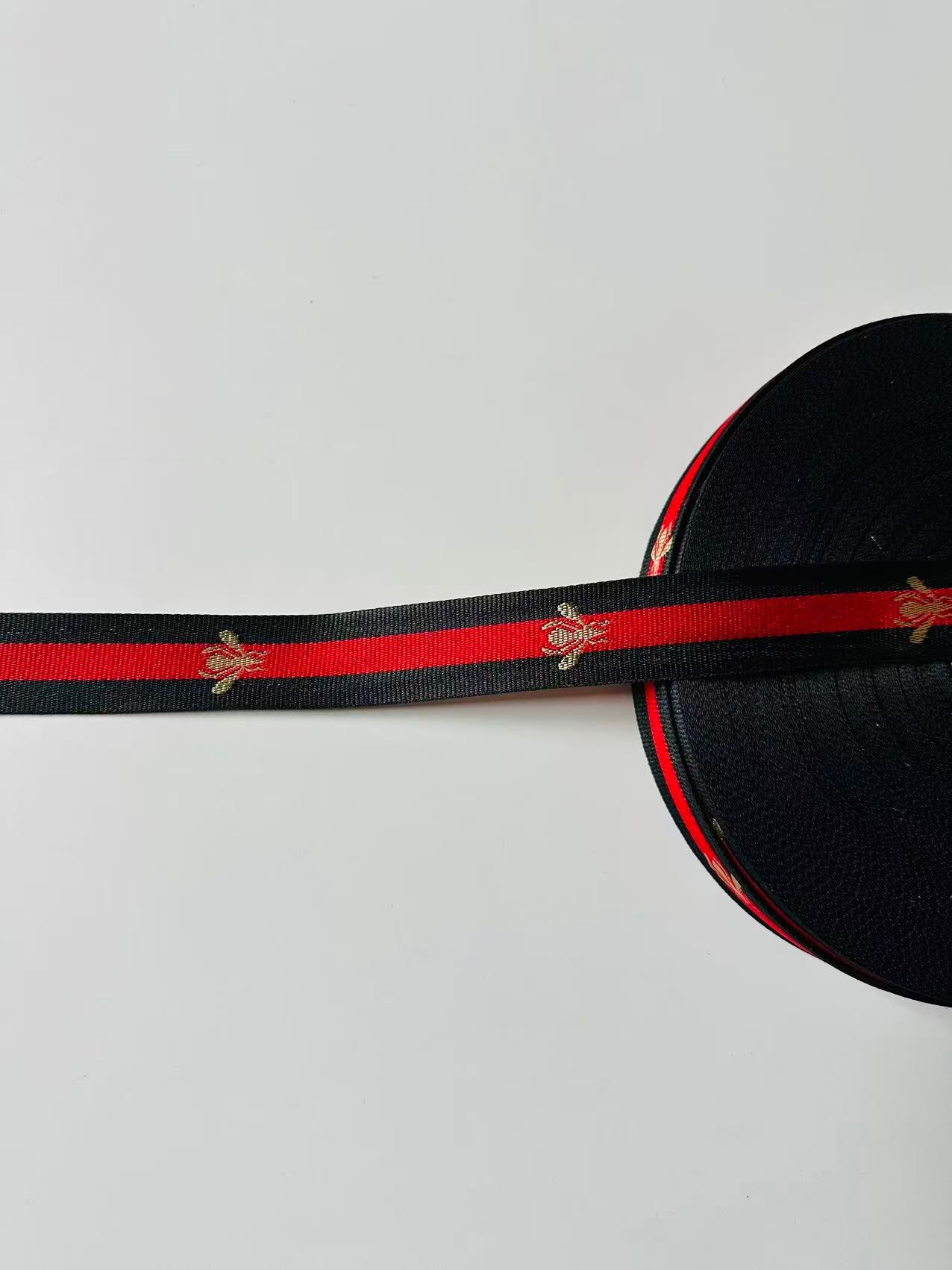 Classic Bee Strap ,Handmade Striped Ribbon Trim with Bee Embroidered For shoes ,Bags ,Handicrafts By Yard (Black with Red )