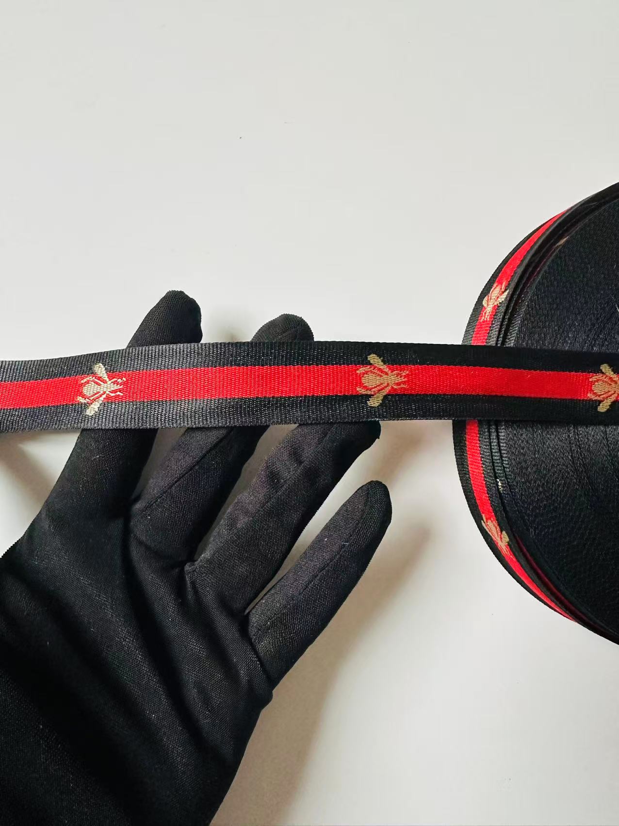 Classic Bee Strap ,Handmade Striped Ribbon Trim with Bee Embroidered For shoes ,Bags ,Handicrafts By Yard (Black with Red )