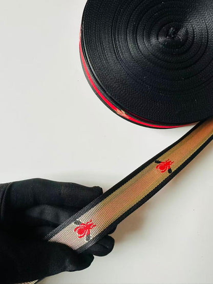 Classic Bee Strap ,Handmade Striped Ribbon Trim with Bee Embroidered For shoes ,Bags ,Handicrafts By Yard (Black with Red )