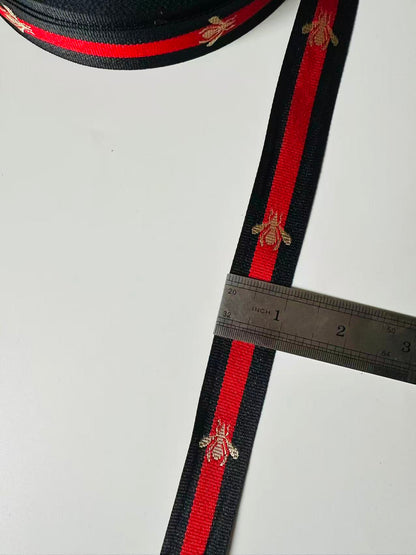 Classic Bee Strap ,Handmade Striped Ribbon Trim with Bee Embroidered For shoes ,Bags ,Handicrafts By Yard (Black with Red )